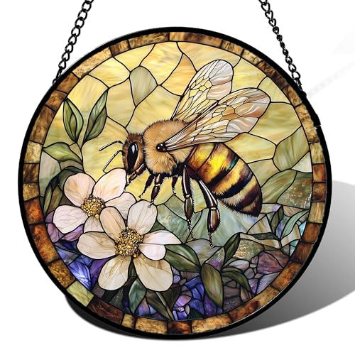 7.8 Inch Stained Glass Window Hanging Bee Suncatcher with Artistic Design - Yellow