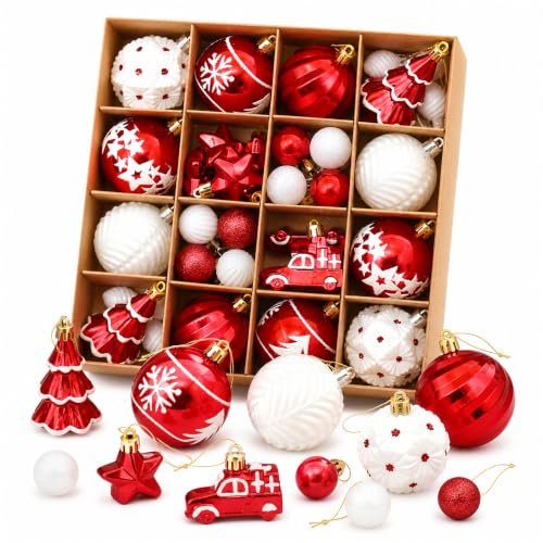 42 Pack Shatterproof Christmas Ornaments - Red & White Holiday Tree Decorations