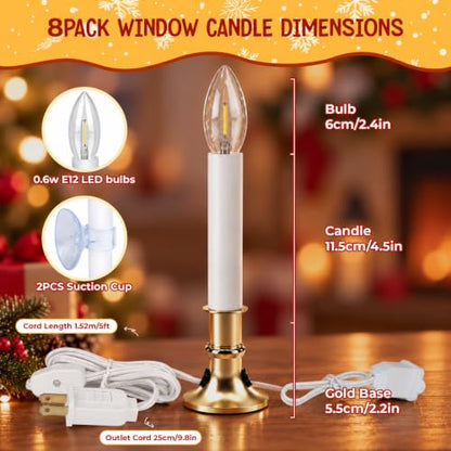 8 Pack Christmas Electric Window Candle Lights with Gold Base and Clear Bulbs
