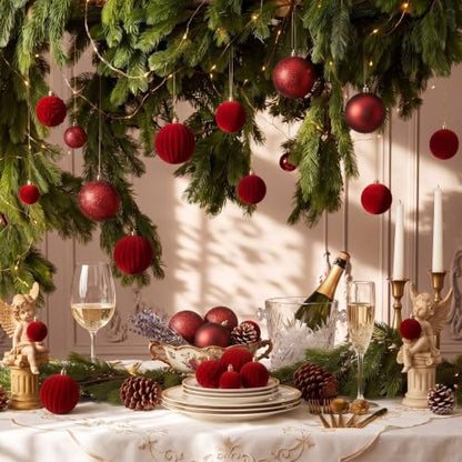 52 Pcs Velvet Christmas Ball Ornaments Set - Burgundy Flocked Holiday Decorations