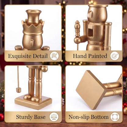 Christmas Nutcracker Candle Holders Set with LED Flameless Candles, Gold Finish