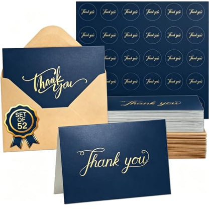 Thank You Cards with Envelopes & Stickers - Navy Blue 52 Pack