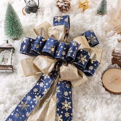 Christmas Tree Topper Bow with Glitter Satin Mesh and Patterned Ribbon - Blue Golden, 40x13 Inches