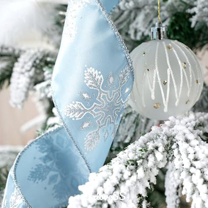 Dusty Blue and Silver Christmas Tree Topper Bow - 13 x 53 Inches - Handmade, Glitter Snowflake & Striped Design
