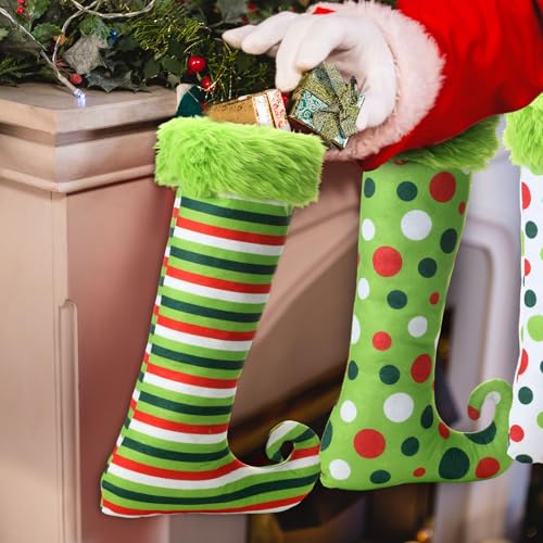 Skicuff 4-Pack 19-Inch Green Christmas Elf Stockings with Faux Fur Hanging Decor