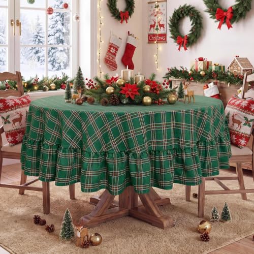 Romanstile Christmas Green Plaid Ruffled Round Tablecloth 70 Inch - Holiday Decor