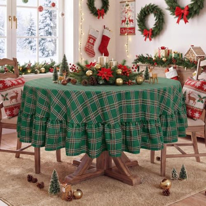 Romanstile Christmas Green Plaid Ruffled Round Tablecloth 70 Inch - Holiday Decor