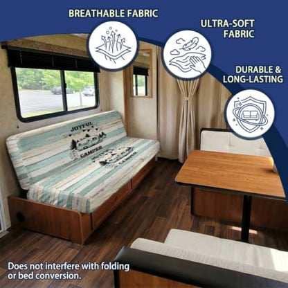 RV Jackknife Sofa Bed Cover 2-Piece Stretch Slipcover Joyful Camper Print