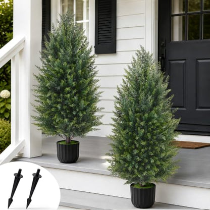 Green 3FT Artificial Topiary Cedar Trees Set of 2 - Outdoor Christmas Decor
