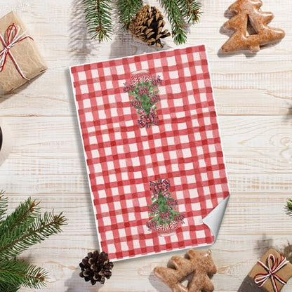 Chinoiserie Christmas Kitchen Towels - Red Buffalo Plaid Bow Holiday Dish Hand Towel, 16x24 Inches, Seasonal Home Decor