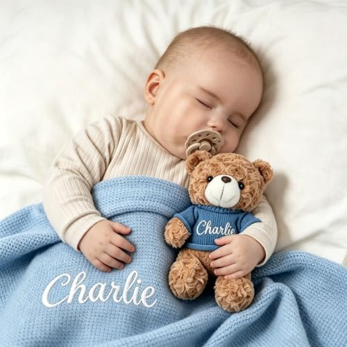Personalized Baby Knit Blanket with Teddy Bear Set - Custom Name Gift for Newborns