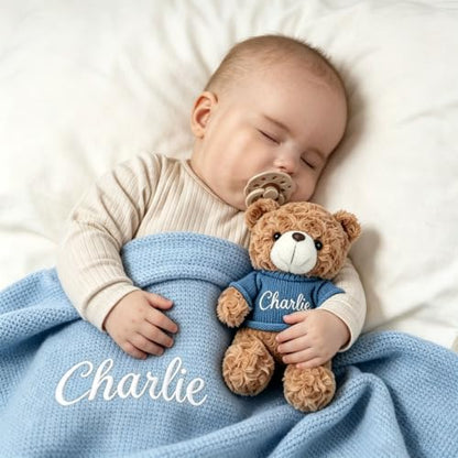 Personalized Baby Knit Blanket with Teddy Bear Set - Custom Name Gift for Newborns