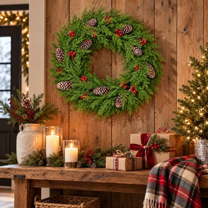 24 Inch Cedar Christmas Wreath with Red Berries & Snow-Frosted Pine Cones - Indoor Outdoor Holiday Decor