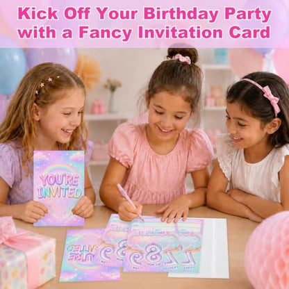 8th Birthday Invitations Rainbow Balloon Party Invites Pink - Pastel Rainbow Variation