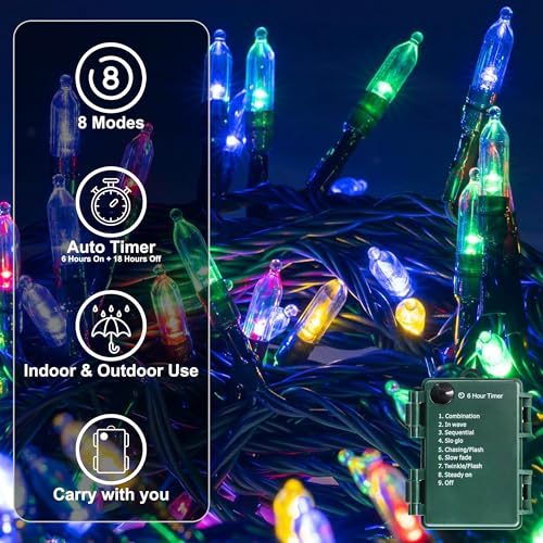 Multicolor Outdoor Christmas String Lights with Timer & Waterproof 8 Modes - 100 LED 2 Pack