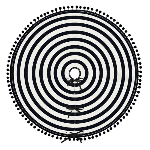 Black and White Christmas Tree Skirt 36 Inch Holiday Decor with Pom-Pom Trim - Halloween & Xmas