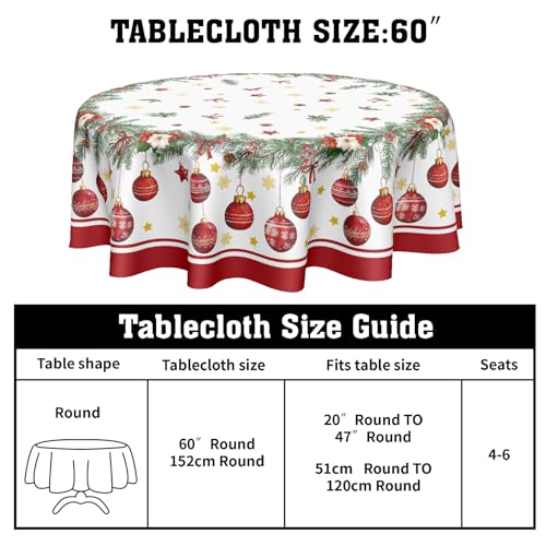 Christmas Round Tablecloth 60 Inch Xmas Bells & Snowflake Pattern - Red Variation
