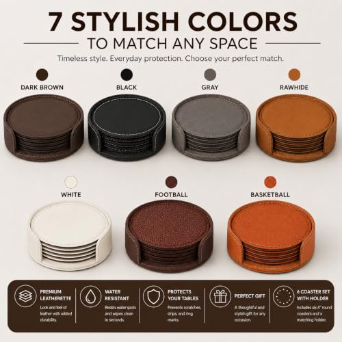 Black 4-Inch Round Leatherette Drink Coasters 6 Pack - Table Protectors