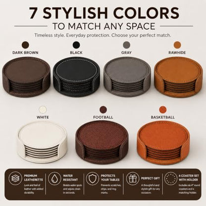 Black 4-Inch Round Leatherette Drink Coasters 6 Pack - Table Protectors
