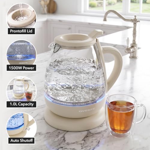 Electric Kettle 1L Glass Water Boiler - Cream, Fast Boil, 1500W