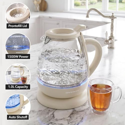 Electric Kettle 1L Glass Water Boiler - Cream, Fast Boil, 1500W