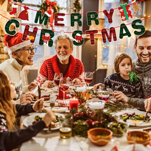 Christmas Banner Set with Gingerbread Socks Signs - Red & Green Holiday Paper Garland for Indoor Outdoor Decorations