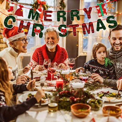 Christmas Banner Set with Gingerbread Socks Signs - Red & Green Holiday Paper Garland for Indoor Outdoor Decorations
