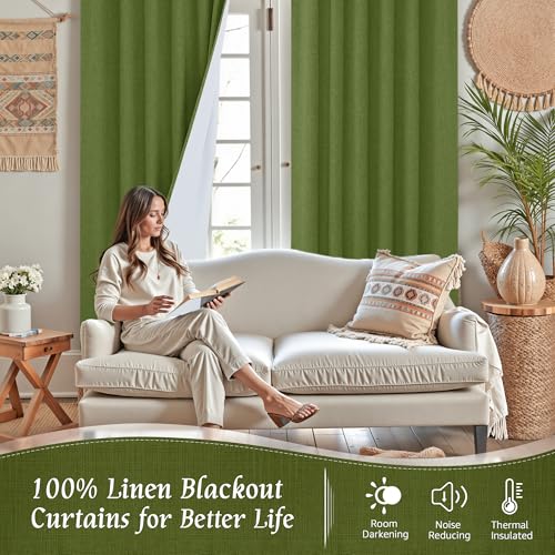 LAMIT Sage Green Blackout Linen Curtains 52W x 84L Pack of 2 - With White Liner