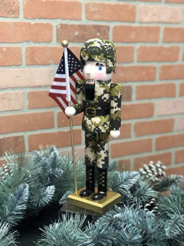 14-Inch Army Nutcracker with Flag - Handcrafted Christmas Decor