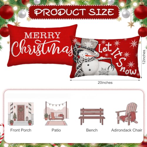 2 Pack Christmas Waterproof Lumbar Pillow Covers 12x20 - Red Snowman & Merry Christmas