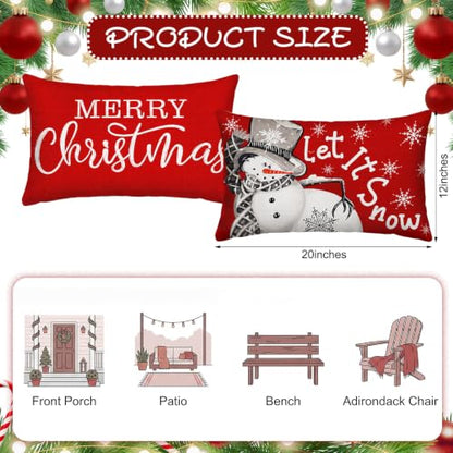 2 Pack Christmas Waterproof Lumbar Pillow Covers 12x20 - Red Snowman & Merry Christmas