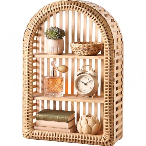 Natural Wood Rattan Wall Shelf - 3 Tier Boho Arched Wicker Hanging Shelves