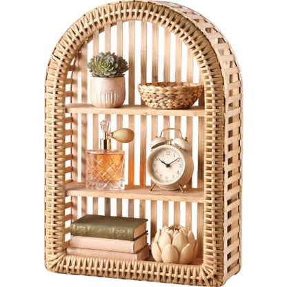 Natural Wood Rattan Wall Shelf - 3 Tier Boho Arched Wicker Hanging Shelves