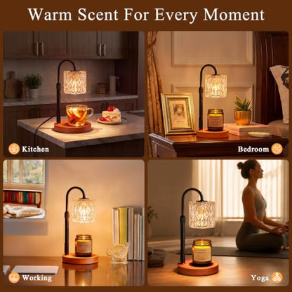 Walnut Candle Warmer Lamp with Timer - Clear Glass Shade, Dimmable & Adjustable Height
