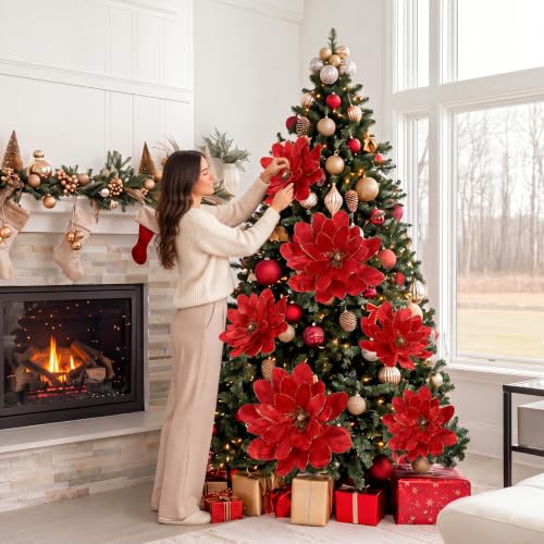 Artificial Christmas Poinsettia Flower Set - Red & Gold, 16 & 12 Inch