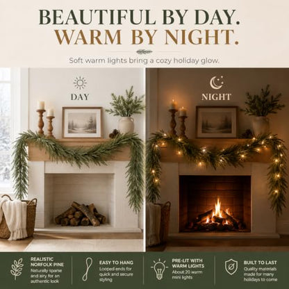 9FT Christmas Norfolk Pine Garland with 20 LED Lights - Real Touch Greenery, Battery Powered