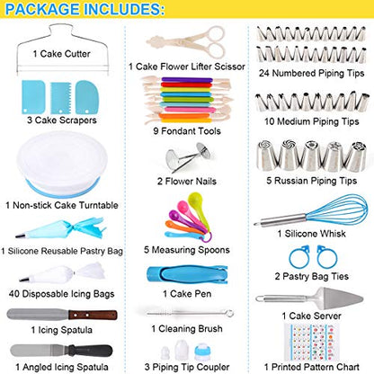 114Pcs Cake Decorating Supplies Kit for Beginners, Cupcake Decorating Tools Baking Supplies Set for Kids and Adults, Cake Turntable Stands, Piping Tips & Bags, Icing Smoother & Spatulas