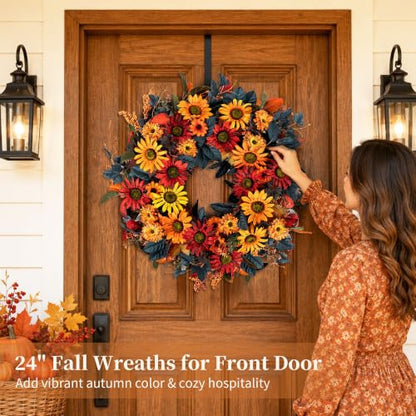 Fall Wreath for Front Door - 24 Inch Autumn Thanksgiving Halloween Decor - Orange, Red & Blue Variation