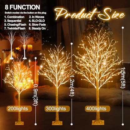 Lighted Birch Tree Decoration - 3ft 4ft 5ft with Warm White LEDs, 8 Modes, Timer