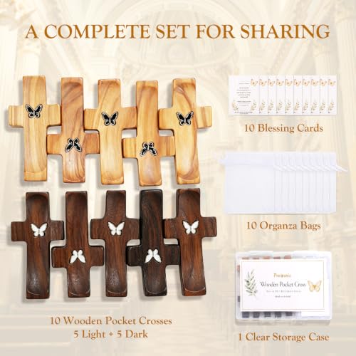 10-Pack Wooden Prayer Crosses with Metal Butterfly - Natural & Black Walnut