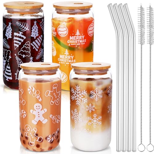 Christmas Glass Cups with Lids and Straws 16oz - Holiday Coffee Mugs Set