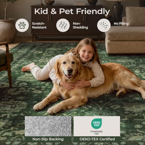 8x10 Green Area Rug for Living Room - Washable Non-Slip Soft Carpet - Rectangular