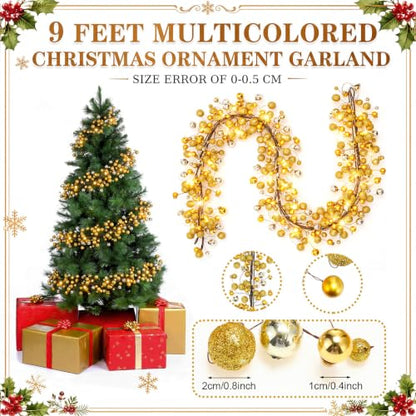 Gold Christmas Ball Garland with LED Lights - 9 ft Holiday Decoration - Variation: Gold