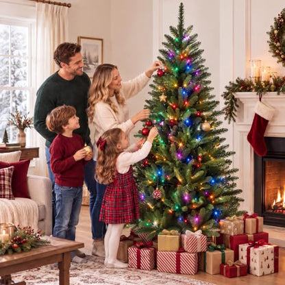 6FT Artificial Christmas Tree with 300 Multicolor LED Lights - Pre-Lit Holiday Tree
