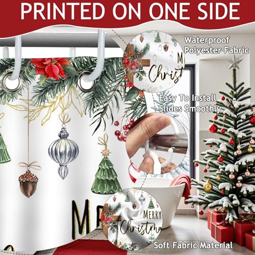 Christmas Shower Curtain with Cross and Pine Branches - 72x72 Inch Waterproof Bathroom Decor