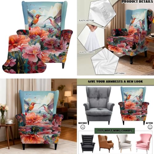 Vintage Hummingbird Wingback Chair & Ottoman Slipcover Set with Floral Pattern, Non-Slip Fit - Variation of Vintage Hummingbird Flower Wingback Cover