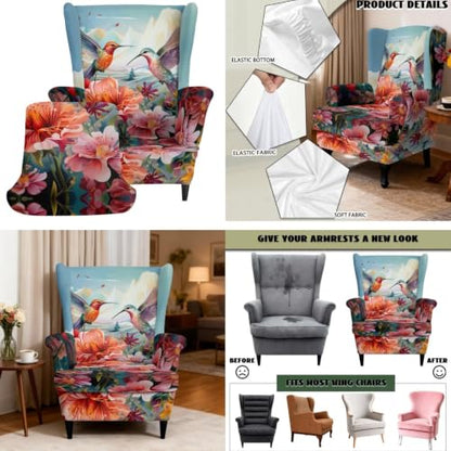 Vintage Hummingbird Wingback Chair & Ottoman Slipcover Set with Floral Pattern, Non-Slip Fit - Variation of Vintage Hummingbird Flower Wingback Cover