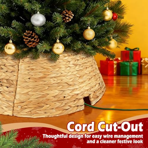 Round 27-Inch Rustic Woven Rattan Christmas Tree Collar - Natural Basket Cover for Artificial Xmas Tree