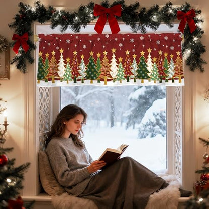 Christmas Window Valance 54x18 Inch Red Snowflakes & Trees Festive Curtain Pack of 1
