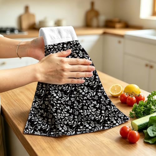 Black White Floral Hanging Kitchen Towels 2pcs Hand & Dish Drying Towels